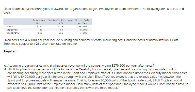 Elliott Trophies makes three types of awards for organizations to give employees or team members. The following are its prices and
costs:
Sport
Employee
Celebrity
Price per Variable Cost per Units Sold
Unit
per Year
$ 24
80
656
Unit
$ 16
60
516
36,000
9,000
3,000
Fixed costs of $432,000 per year Include building and equipment costs, marketing costs, and the costs of administration. Elliott
Trophies is subject to a 21 percent tax rate on income.
Required:
c. Assuming the given sales mix, at what sales revenue will the company earn $276,500 per year after taxes?
d. Elliott Trophies is concerned about the future of the Celebrity trophy market, given recent cost-cutting by companies and is
considering becoming more specialized in the Sport and Employee market. If Elliott Trophies drops the Celebrity model, fixed costs
will fall to $402,000 per year. If It follows through with this plan, Elliott Trophies expects that the relative sales mix between the
Sport and Employee models will remain the same. That is, for every 36,000 units of the Sport model sold, Elliott Trophies would
expect to sell 9,000 units of the Employee model. How many units of the Sport and Employee models would Elliott Trophies have to
sell to achieve the same after-tax Income It currently earns with the three models?
