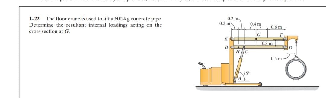 1-22. The floor crane is used to lift a 600-kg concrete pipe.
Determine the resultant internal loadings acting on the
0.2 m.
0.2 m-
0.4 m
0.6 m
cross section at G.
0.3 m
H llC
0.5 m
