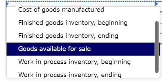 Cost of goods manufactured
Finished goods inventory, beginning
Finished goods inventory, ending
Goods available for sale
Work in process inventory, beginning
Work in process inventory, ending