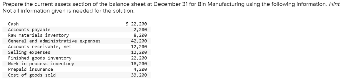 Prepare the current assets section of the balance sheet at December 31 for Bin Manufacturing using the following information. Hint.
Not all information given is needed for the solution.
Cash
$ 22,200
Accounts payable
2,200
Raw materials inventory
8,200
General and administrative expenses
42, 200
Accounts receivable, net
12, 200
Selling expenses
12, 200
22, 200
Finished goods inventory
Work in process inventory
Prepaid insurance
18, 200
4, 200
Cost of goods sold
33,200