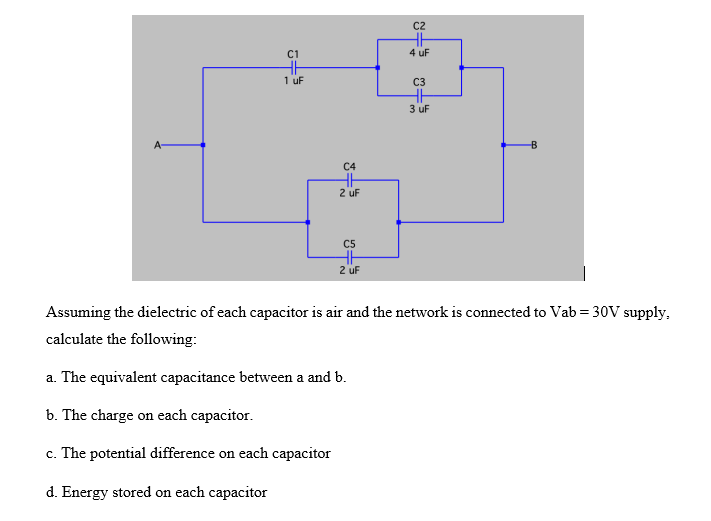 C2
C1
4 uF
1 uF
C3
3 uF
C4
2 uf
C5
2 uF
Assuming the dielectric of each capacitor is air and the network is connected to Vab = 30V supply,
calculate the following:
a. The equivalent capacitance between a and b.
b. The charge on each capacitor.
c. The potential difference on each capacitor
d. Energy stored on each capacitor
