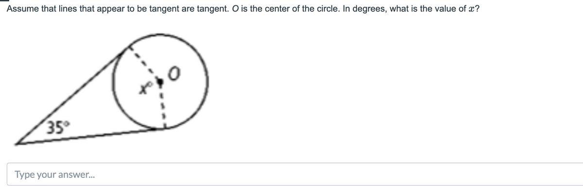 Assume that lines that appear to be tangent are tangent. O is the center of the circle. In degrees, what is the value of x?
35
Type your answer...
