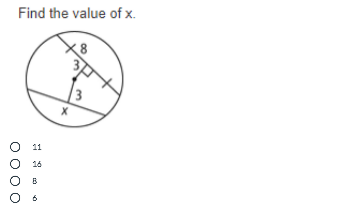 Find the value of x.
X
11
16
O 8
