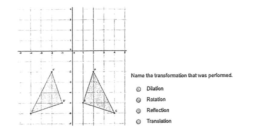 Name the transformation that was performed.
O Diation
Rotation
Reflection
O Translation
