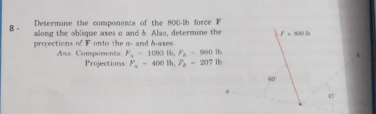 Determine the components of the 800-lb force F
along the oblique axes a and b. Also, determine the
projections of F onto the a- and b-axes.
Ans. Components F
8 -
F= 800 lb
-1093 lb, Fs
400 lb, F
980 lb
Projections: F
207 lb
60
45
