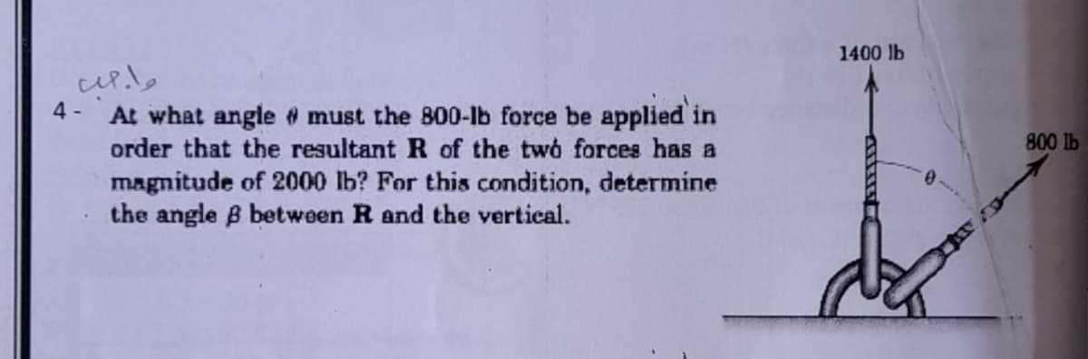 1400 lb
4 -
At what angle @ must the 800-lb force be applied in
order that the resultant R of the two forces has a
800 lb
magnitude of 2000 lb? For this condition, determine
the angle B between R and the vertical.
