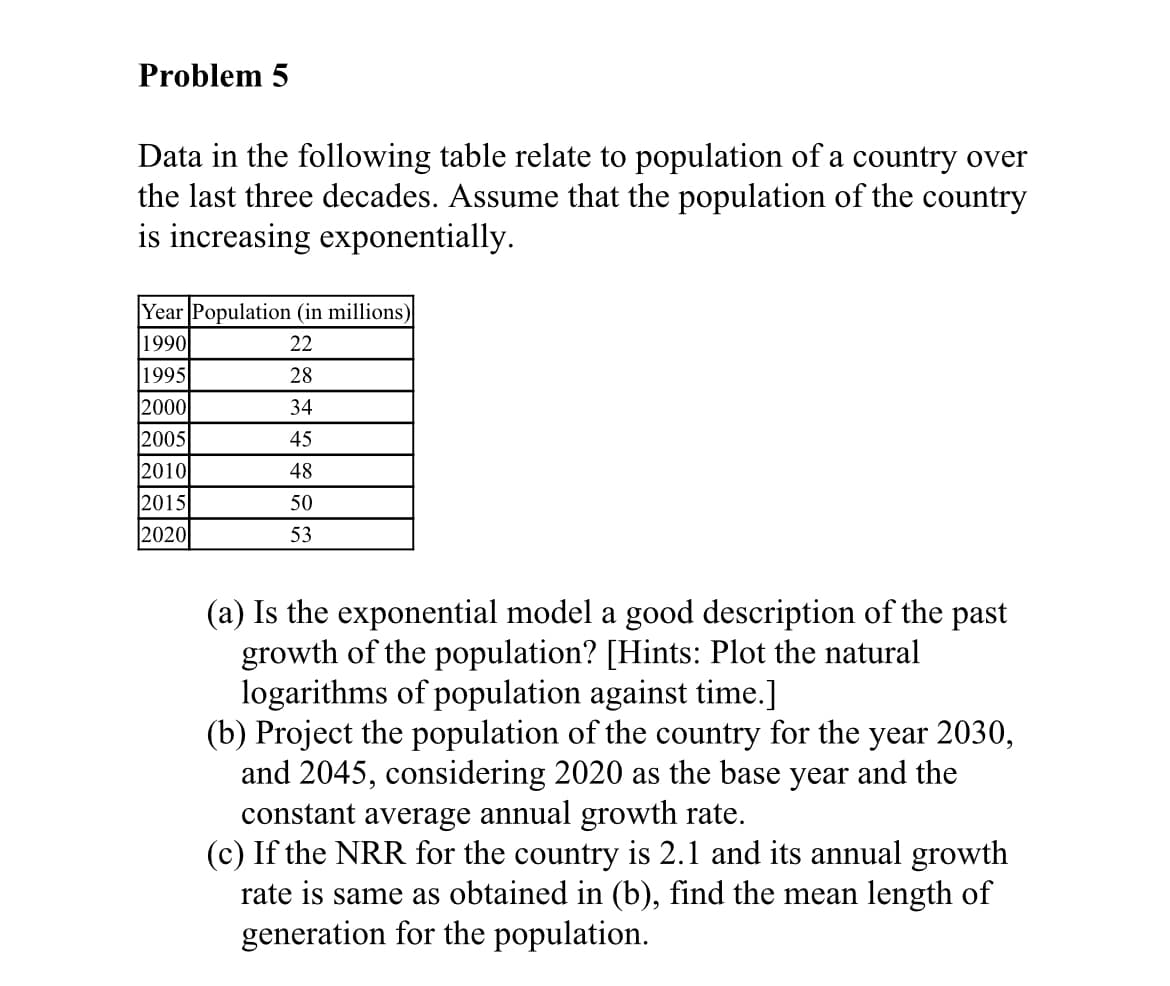 Problem 5
Data in the following table relate to population of a country over
the last three decades. Assume that the population of the country
is increasing exponentially.
Year Population (in millions)
1990
22
1995
28
|2000
34
2005
45
2010
48
2015
50
2020
53
(a) Is the exponential model a good description of the past
growth of the population? [Hints: Plot the natural
logarithms of population against time.]
(b) Project the population of the country for the year 2030,
and 2045, considering 2020 as the base year and the
constant average annual growth rate.
(c) If the NRR for the country is 2.1 and its annual growth
rate is same as obtained in (b), find the mean length of
generation for the population.
