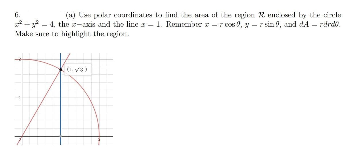 (a) Use polar coordinates to find the area of the region R enclosed by the circle
4, the x-axis and the line x =
6.
x² + y?
Make sure to highlight the region.
1. Remember x =
r cos 0, y = r sin 0, and dA
rdrd0.
(1, v3)
