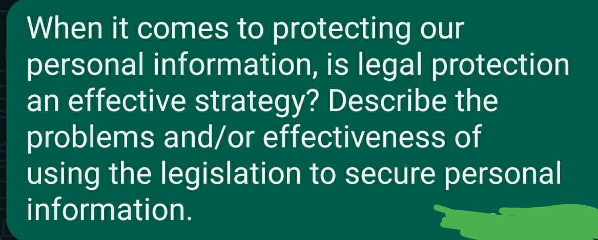 When it comes to protecting our
personal information, is legal protection
an effective strategy? Describe the
problems and/or effectiveness of
using the legislation to secure personal
information.
