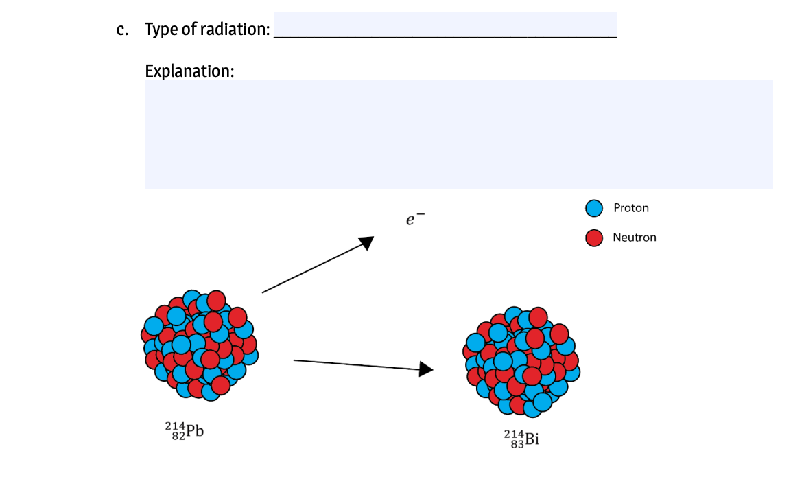 c. Type of radiation:
Explanation:
Proton
Neutron
82
2Bi
