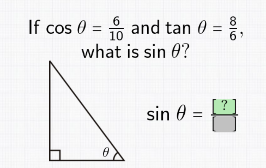 If cos 0 = and tan 0 =
what is sin 0?
10
sin 0 =
[?
