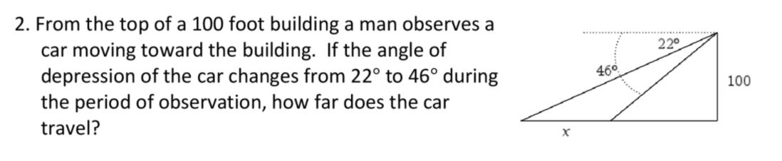 2. From the top of a 100 foot building a man observes a
car moving toward the building. If the angle of
depression of the car changes from 22° to 46° during
the period of observation, how far does the car
22°
46°
100
travel?
