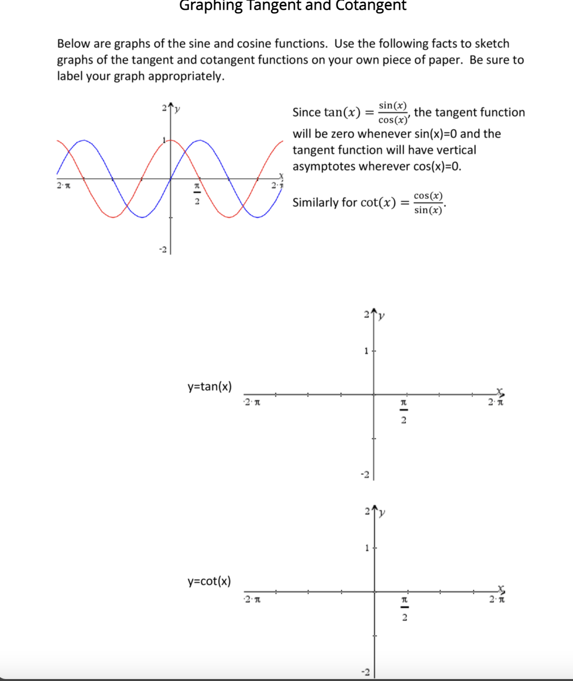 Graphing Tangent and Cotangent
Below are graphs of the sine and cosine functions. Use the following facts to sketch
graphs of the tangent and cotangent functions on your own piece of paper. Be sure to
label your graph appropriately.
sin(x)
Since tan(x) :
the tangent function
cos(x)'
will be zero whenever sin(x)=0 and the
tangent function will have vertical
asymptotes wherever cos(x)=0.
cos(x)
Similarly for cot(x) =
sin(x)
1
y=tan(x)
2. T
2
-2
1-
y=cot(x)
2 T
-2
