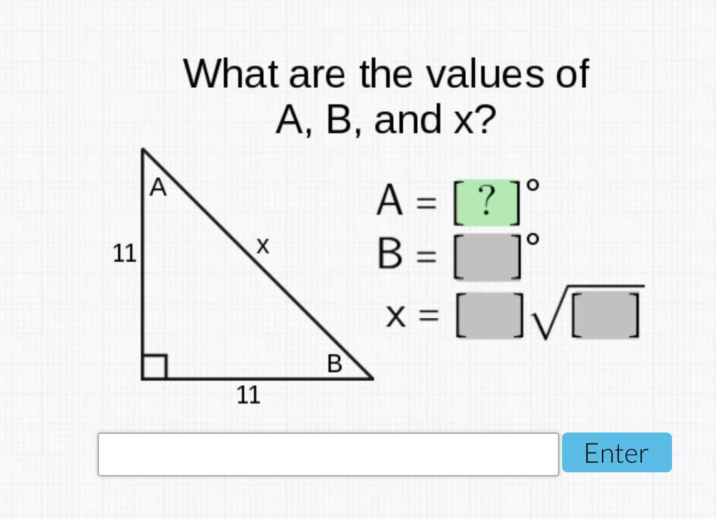 What are the values of
A, B, and x?
A
A = [ ? ]°
B = [ ]°
[
11
%3D
X =
В
11
Enter
