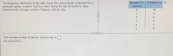 Frequency
The frequency distribution to the right shows the various tevels of demand for a
particular laptop computer sold by a store during the last 50 business days.
Determine the average number of laptops sold per day.
Number of
Laptops
18
9.
11
8.
1
......
The average number of laptops sold per day is
(Do not round.)
1123 45
