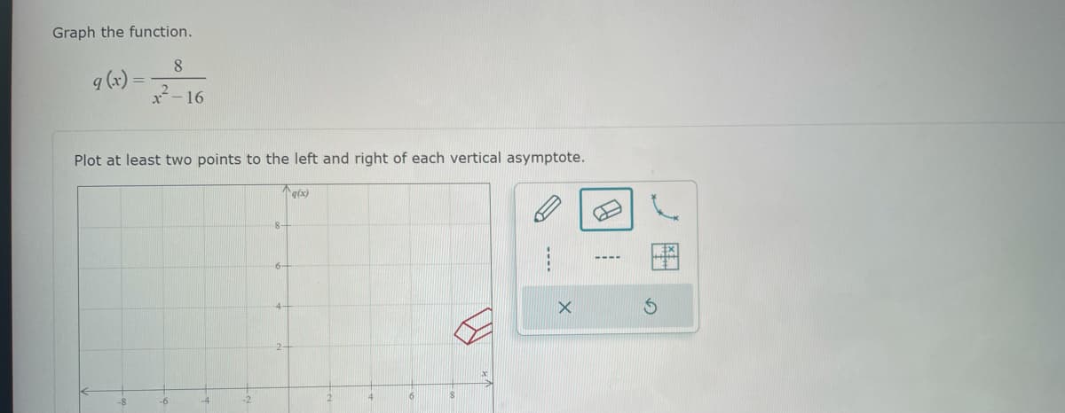 Graph the function.
8
9(x)=-2016
Plot at least two points to the left and right of each vertical asymptote.
6-
4-
q(x)
X
81