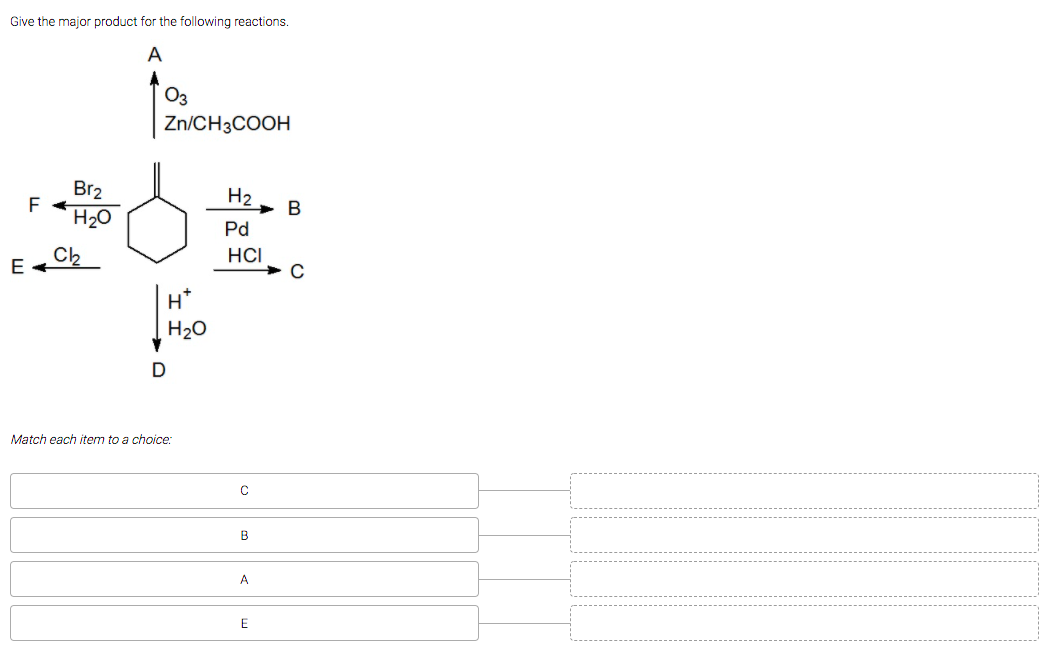 Give the major product for the following reactions.
A
Оз
Zn/CH3COOH
Br2
H2
В
H20
Pd
HCI
E
H*
H20
Match each item to a choice:
B
A
