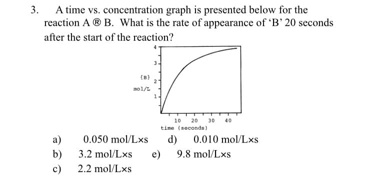 3.
A time vs. concentration graph is presented below for the
reaction A ® B. What is the rate of appearance of 'B’ 20 seconds
after the start of the reaction?
3
{B}
2
mol/L
1-
10
20
30
40
time (seconds)
а)
0.050 mol/Lxs
d)
0.010 mol/Lxs
b)
3.2 mol/Lxs
e)
9.8 mol/Lxs
c)
2.2 mol/Lxs
