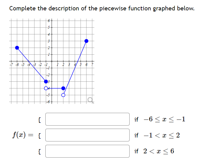 Complete the description of the piecewise function graphed below.
-6 -5
ty
6+
{
f(x) = {
{
4
ch
Ca my
-3 -2 -1
+
-$-
if −6 ≤ x ≤ −1
if -1 < x < 2
if 2 < x≤6