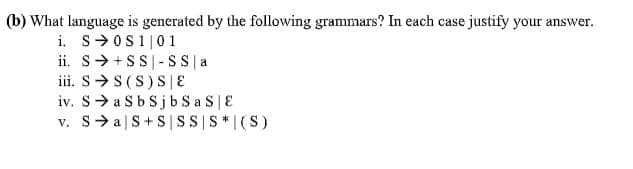 (b) What language is generated by the following grammars? In each case justify your answer.
i. s-Os1|0 1
ii. S>+SS -SS a
iii. S>S(S)S |E
iv. S>a Sb Sjb S a S|E
v. S>a|S+ S|SS|S*|(S)
