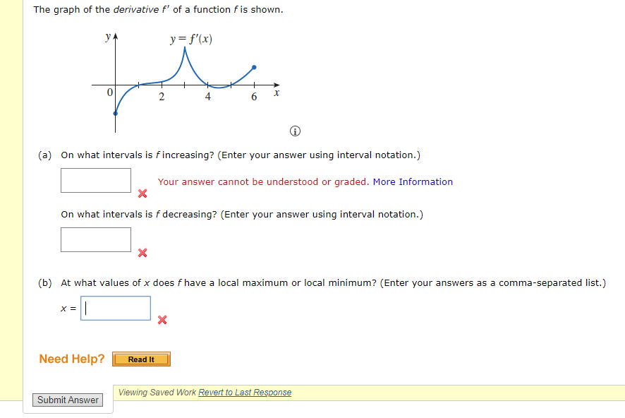 The graph of the derivative f' of a function f is shown.
ہتا
y.
X =
(a) On what intervals is f increasing? (Enter your answer using interval notation.)
Your answer cannot be understood or graded. More Information
Need Help?
Submit Answer
2
On what intervals is f decreasing? (Enter your answer using interval notation.)
X
y = f'(x)
6
(b) At what values of x does f have a local maximum or local minimum? (Enter your answers as a comma-separated list.)
||
Read It
X
Viewing Saved Work Revert to Last Response