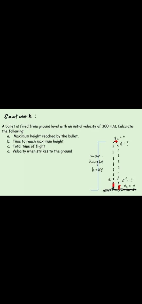 Seat wor k :
A bullet is fired from ground level with an initial velocity of 300 m/s. Calculate
the following:
Maximum height reached by the bullet.
b. Time to reach maximum height
c. Total time of flight
d. Velocity when strikes to the ground
a.
max.
herght
h=AY
