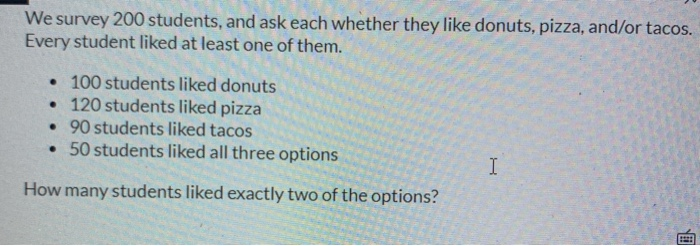 We survey 200 students, and ask each whether they like donuts, pizza, and/or tacos.
Every student liked at least one of them.
• 100 students liked donuts
• 120 students liked pizza
• 90 students liked tacos
• 50 students liked all three options
How many students liked exactly two of the options?
