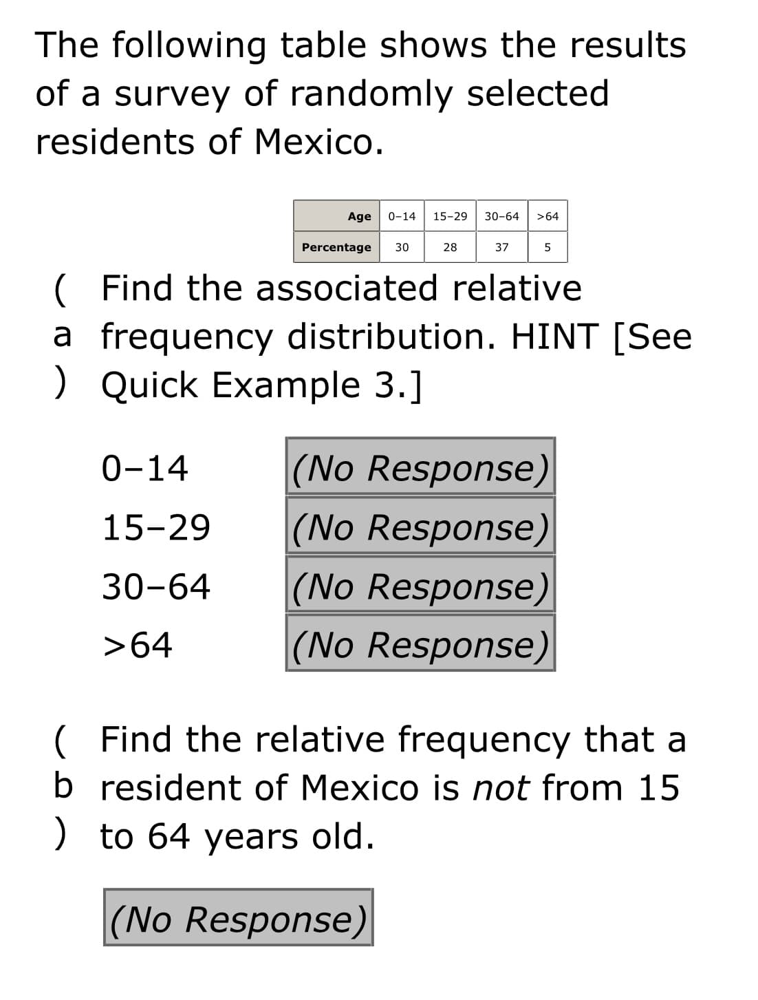 The following table shows the results
of a survey of randomly selected
residents of Mexico.
Age
0-14
15-29
30-64
>64
Percentage
30
28
37
5
( Find the associated relative
a frequency distribution. HINT [See
) Quick Example 3.]
(No Response)
(No Response)
(No Response)
(No Response)
0-14
15-29
30-64
>64
( Find the relative frequency that a
b resident of Mexico is not from 15
) to 64 years old.
(No Response)
