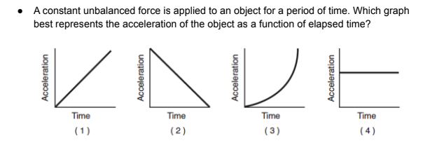 • A constant unbalanced force is applied to an object for a period of time. Which graph
best represents the acceleration of the object as a function of elapsed time?
Time
Time
Time
Time
(1)
(2)
(3)
( 4 )
