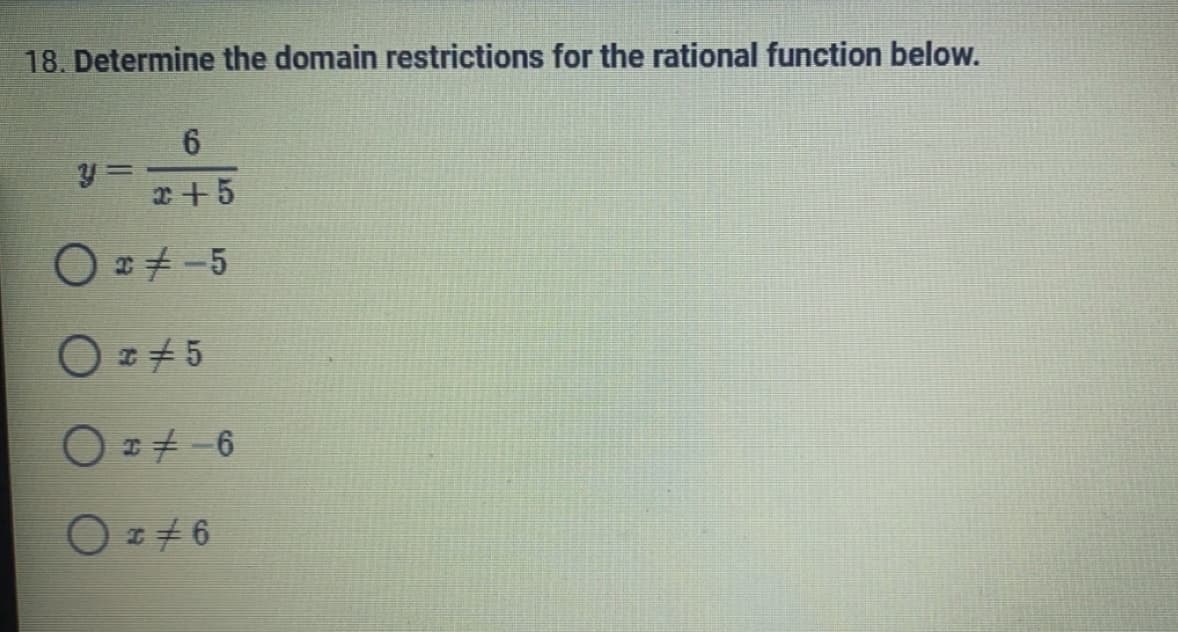 18. Determine the domain restrictions for the rational function below.
6
-
y
2+5
02-5
0¤‡5
0 x −6
Oz6