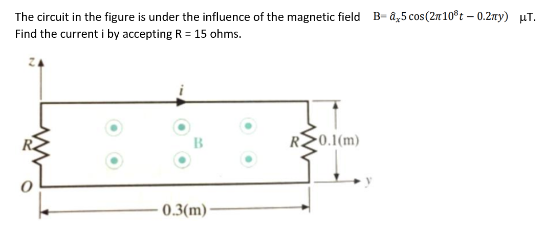 The circuit in the figure is under the influence of the magnetic field B= âx5 cos(2n10®t – 0.2ny) µT.
Find the current i by accepting R = 15 ohms.
