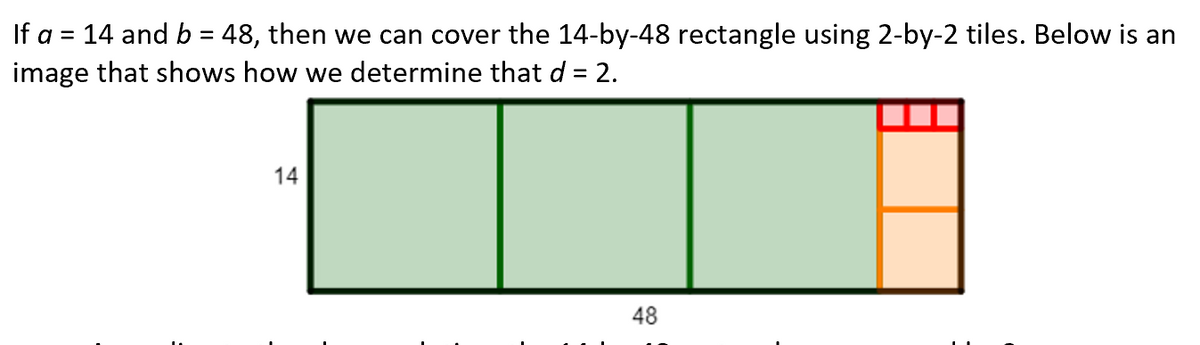 If a = 14 and b = 48, then we can cover the 14-by-48 rectangle using 2-by-2 tiles. Below is an
image that shows how we determine that d = 2.
14
48