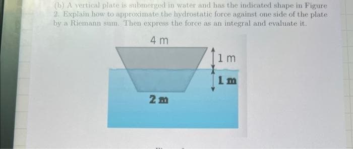 (b) A vertical plate is submerged in water and has the indicated shape in Figure
2. Explain how to approximate the hydrostatic force against one side of the plate
by a Riemann sum. Then express the force as an integral and evaluate it.
4 m
2m
1m
1m