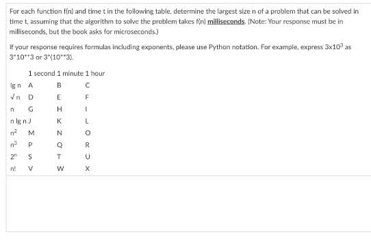 For each function fln) and time t in the following table, determine the largest size n of a problem that can be solved in
time t, assuming that the algorithm to solve the problem takes fin) milliseconds. (Note: Your response must be in
milliseconds, but the book asks for microseconds.)
If your response requires formulas including exponents, please use Python notation. For example, express 3x10° as
3'10"3 or 3"(10"3).
1 second 1 minute 1 hour
gn A
B
In D
F
G
H.
n lg nJ
K.
n?
M
n°
P
R
n!
V
