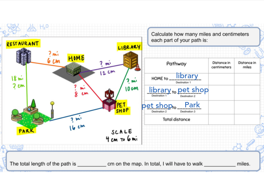 Calculate how many miles and centimeters
each part of your path is:
RESTAURANT
LIBRARY
? mi
6 cm
HOME
? mi
Pathway
Distance in
Distance in
centimeters
miles
12 cm
18 mi
2 cm
library
Destination 1
НОМE to.
? mi
10 cm
8 cm
_library to pet shop
Destination 1
Destination 2
PET
SHOP
pet shopio Park
Destination 2
Destination 3
? mi
Total distance
PARK
16 cm
SCALE
4 cm To 6 mi
The total length of the path is
cm on the map. In total, I will have to walk
miles.

