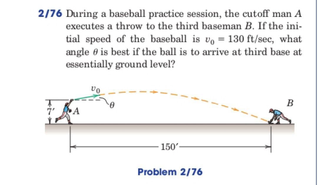 2/76 During a baseball practice session, the cutoff man A
executes a throw to the third baseman B. If the ini-
tial speed of the baseball is vo= 130 ft/sec, what
angle is best if the ball is to arrive at third base at
essentially ground level?
A
VO
-150'
Problem 2/76
B