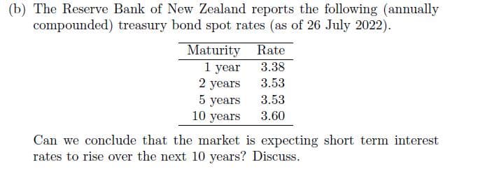 (b) The Reserve Bank of New Zealand reports the following (annually
compounded) treasury bond spot rates (as of 26 July 2022).
Maturity
Rate
1 year
3.38
2 years
3.53
5 years
3.53
10 years 3.60
Can we conclude that the market is expecting short term interest
rates to rise over the next 10 years? Discuss.