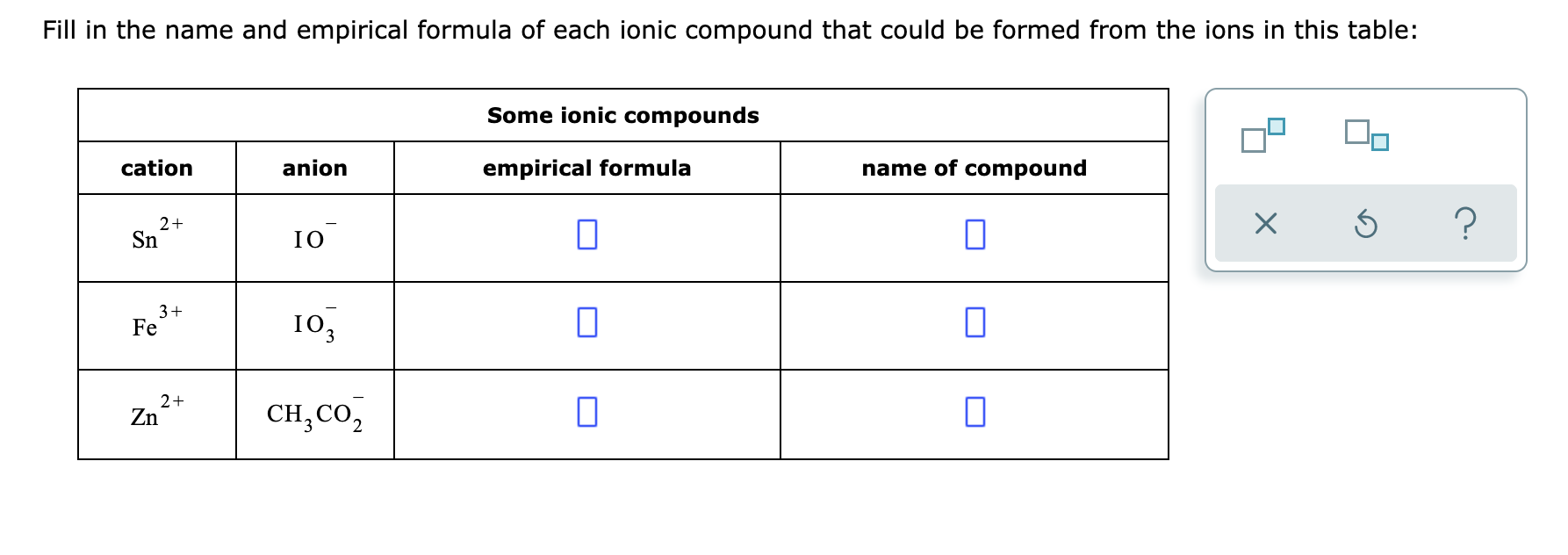 name and empirical formula of each ionic compound
