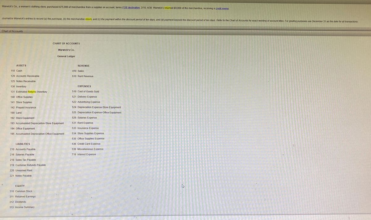 Warwick's Co., a women's clothing store, purchased $75,000 of merchandise from a supplier on account, terms FOB destination, 2/10, n/30. Warwick's returned $9,000 of the merchandise, receiving a credit memo
Journalize Warwick's entries to record (a) the purchase, (b) the merchandise return, and (c) the payment within the discount period of ten days, and (d) payment beyond the discount period of ten days. Refer to the Chart of Accounts for exact wording of account titles. For grading purposes use December 31 as the date for all transactions.
Chart of Accounts
CHART OF ACCOUNTS
Warwick's Co.
General Ledger
ASSETS
REVENUE
110 Cash
410 Sales
120 Accounts Receivable
610 Rent Revenue
125 Notes Receivable
130 Inventory
EXPENSES
131 Estimated Returns Inventory
510 Cost of Goods Sold
140 Office Supplies
521 Delivery Expense
141 Store Supplies
522 Advertising Expense
142 Prepaid Insurance
524 Depreciation Expense-Store Equipment
180 Land
525 Depreciation Expense-Office Equipment
192 Store Equipment
526 Salaries Expense
193 Accumulated Depreciation-Store Equipment
531 Rent Expense
194 Office Equipment
533 Insurance Expense
195 Accumulated Depreciation-Office Equipment
534 Store Supplies Expense
535 Office Supplies Expense
LIABILITIES
536 Credit Card Expense
210 Accounts Payable
539 Miscellaneous Expense
216 Salaries Payable
710 Interest Expense
218 Sales Tax Payable
219 Customer Refunds Payable
220 Unearned Rent
221 Notes Payable
EQUITY
310 Common Stock
311 Retained Earnings
312 Dividends
313 Income Summary
