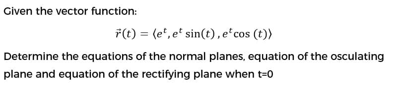 Given the vector function:
7(t) = (e', e' sin(t), e*cos (t))
Determine the equations of the normal planes, equation of the osculating
plane and equation of the rectifying plane when t=0
