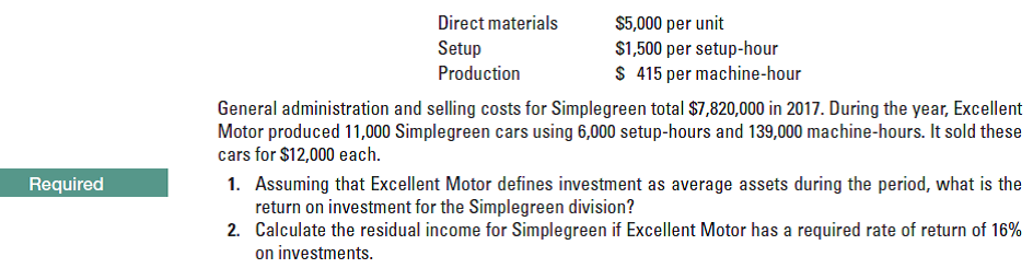 Direct materials
Setup
Production
$5,000 per unit
$1,500 per setup-hour
$ 415 per machine-hour
General administration and selling costs for Simplegreen total $7,820,000 in 2017. During the year, Excellent
Motor produced 11,000 Simplegreen cars using 6,000 setup-hours and 139,000 machine-hours. It sold these
cars for $12,000 each.
1. Assuming that Excellent Motor defines investment as average assets during the period, what is the
return on investment for the Simplegreen division?
2. Calculate the residual income for Simplegreen if Excellent Motor has a required rate of return of 16%
on investments.
Required
