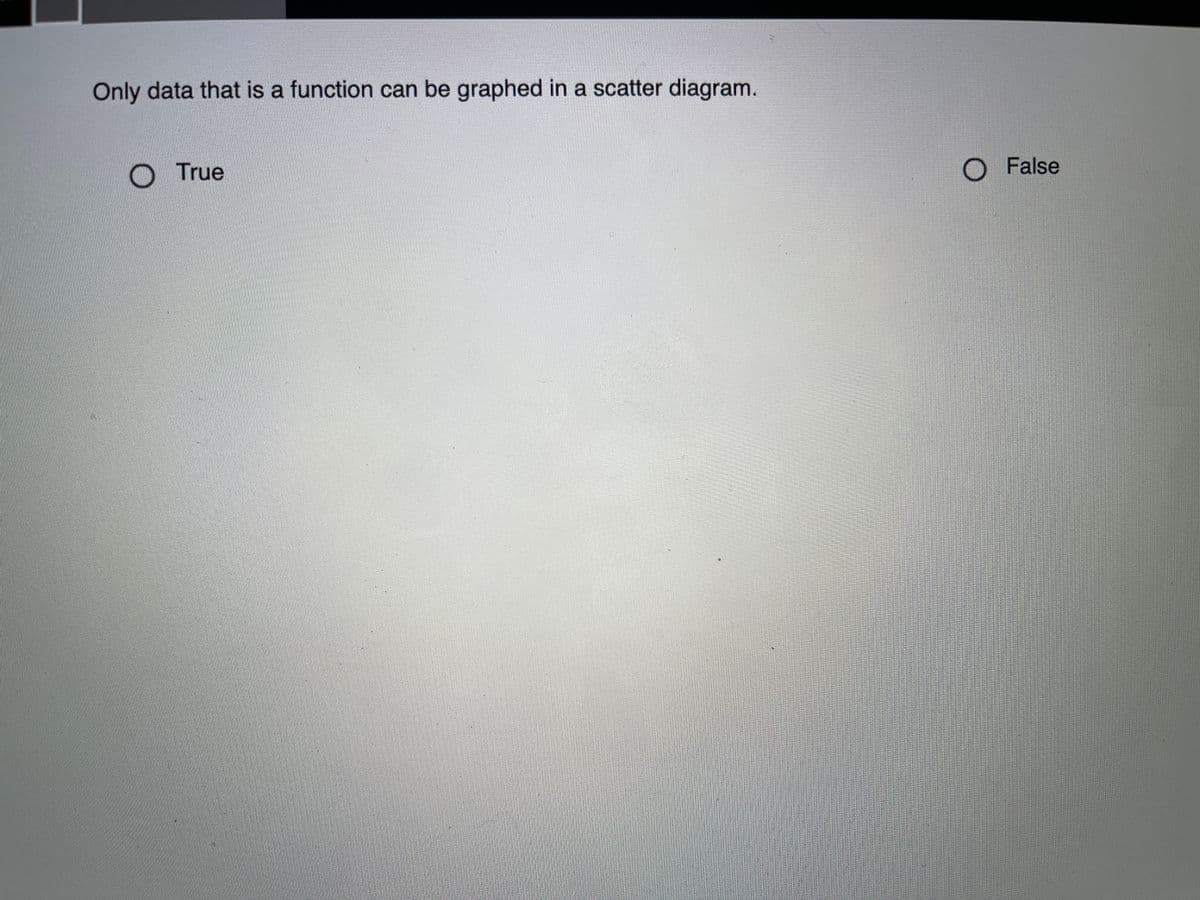 Only data that is a function can be graphed in a scatter diagram.
O True
O False
