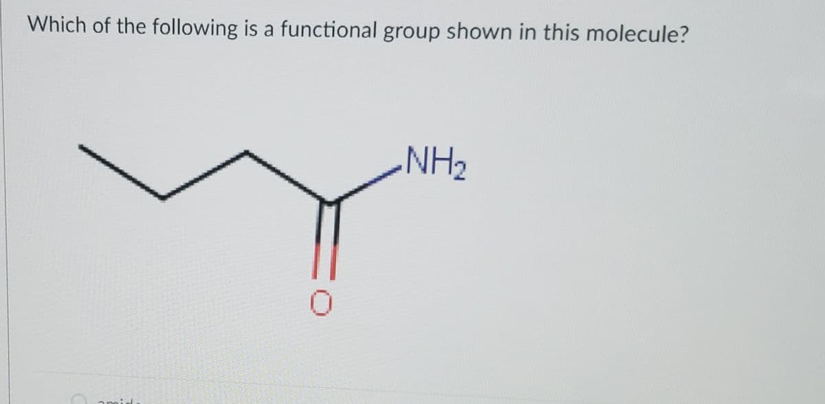Which of the following is a functional group shown in this molecule?
NH2
