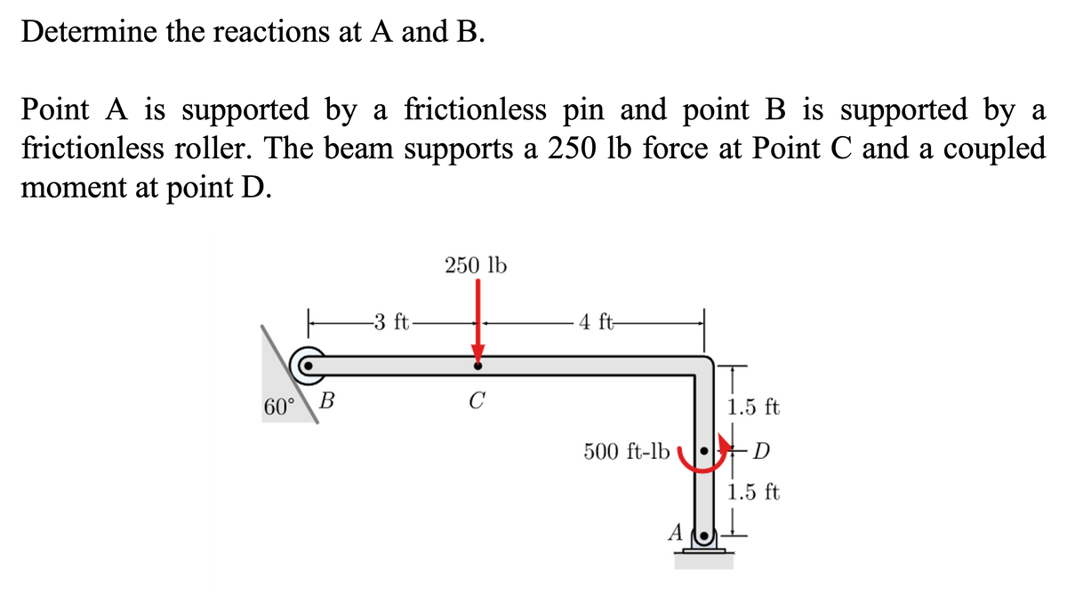 250 lb
-3 ft-
4 ft-
60°\ B
C
1.5 ft
500 ft-lb
1.5 ft
A
