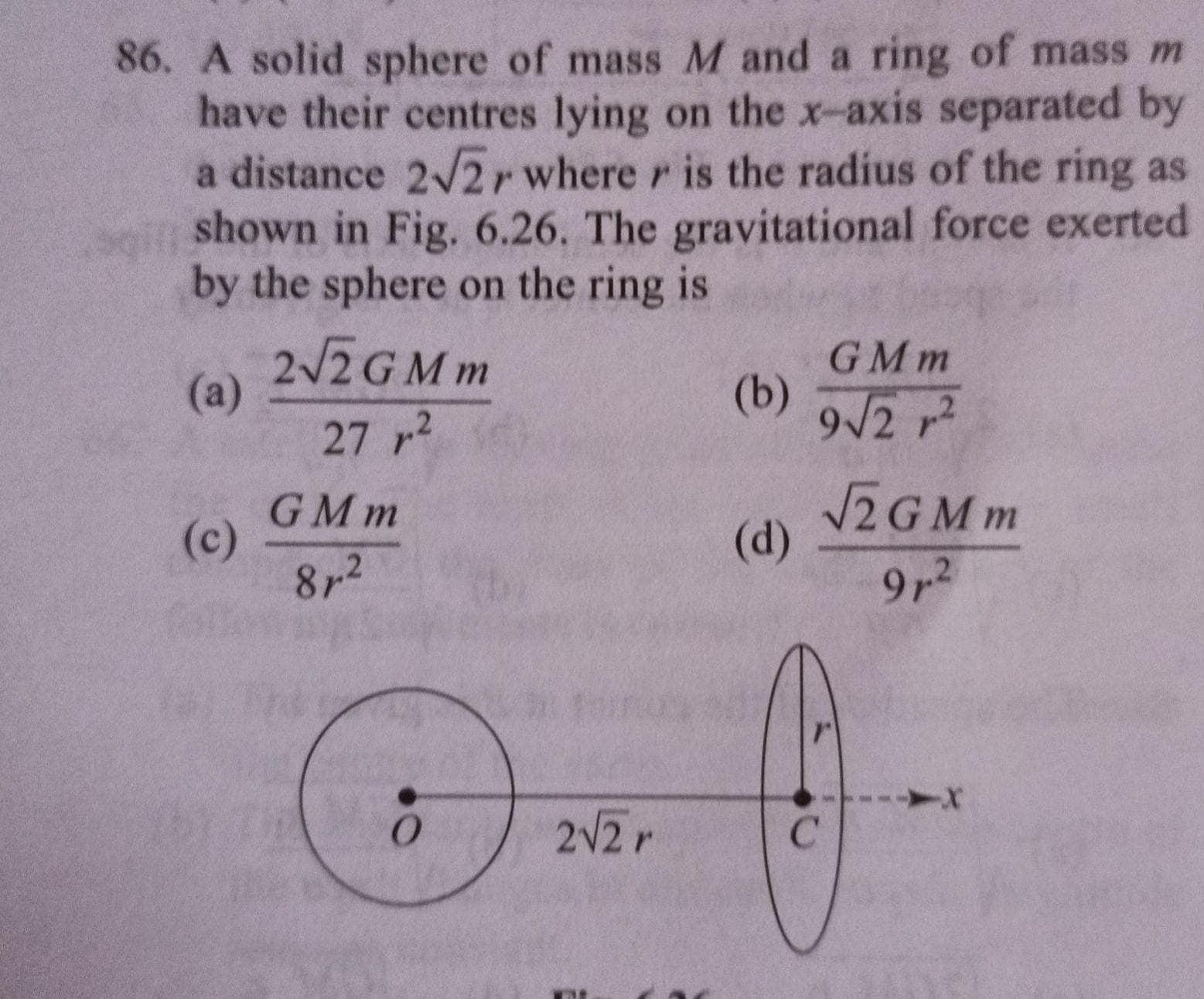 86. A solid sphere of mass M and a ring of mass m
have their centres lying on the x-axis separated by
a distance 2/2r where r is the radius of the ring as
shown in Fig. 6.26. The gravitational force exerted
by the sphere on the ring is
2/2GMM
(a)
GMm
(b)
9/2 ,2
27 r2
GMm
(c)
872
ZGM m
(d)
9r2
2V2r
