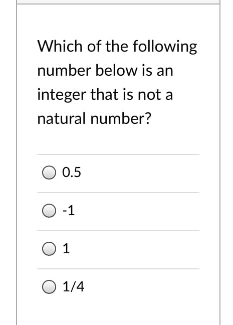 Which of the following
number below is an
integer that is not a
natural number?
0.5
O -1
O 1
1/4
