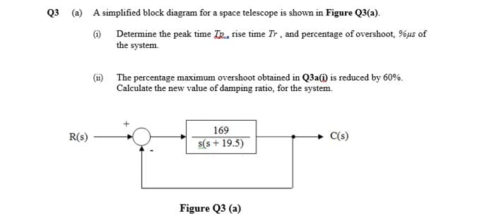 Q3 (a) A simplified block diagram for a space telescope is shown in Figure Q3(a).
(1) Determine the peak time T rise time Tr, and percentage of overshoot, %us of
the system.
(ii) The percentage maximum overshoot obtained in Q3a(i) is reduced by 60%.
Calculate the new value of damping ratio, for the system.
169
R(s)
C(s)
s(s + 19.5)
Figure Q3 (a)
