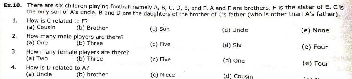 Ex.10. There are six children playing football namely A, B, C, D, E, and F, A and E are brothers. F is the sister of E. C is
the only son of A's uncle. B and D are the daughters of the brother of C's father (who is other than A's father).
1.
How is C related to F?
(a) Cousin
(b) Brother
(c) Son
(d) Uncle
(e) None
2.
How many male players are there?
(a) One
(b) Three
(c) Five
(d) Six
(e) Four
3.
How many female players are there?
(a) Two
(b) Three
(c) Five
(d) One
(e) Four
How is D related to A?
(a) Uncle
4.
(b) brother
(c) Niece
(d) Cousin
