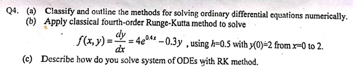 Apply classical fourth-order Runge-Kutta method to solve
dy
dx
f(x,y) == 4e®** –0.3y , using h=0.5 with y(0)=2 fromx-0 to 2.
