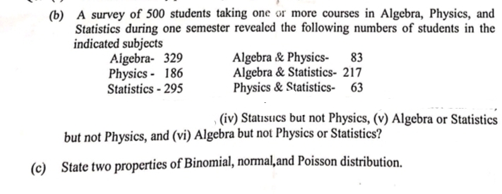 (b) A survey of 500 students taking one or more courses in Algebra, Physics, and
Statistics during one semester revealed the following numbers of students in the
indicated subjects
Aigebra- 329
Physics - 186
Statistics - 295
Algebra & Physics- 83
Algebra & Statistics- 217
Physics & Statistics- 63
(iv) Statısucs but not Physics, (v) Algebra or Statistics
but not Physics, and (vi) Algebra but not Physics or Statistics?
(c) State two properties of Binomial, normal,and Poisson distribution.
